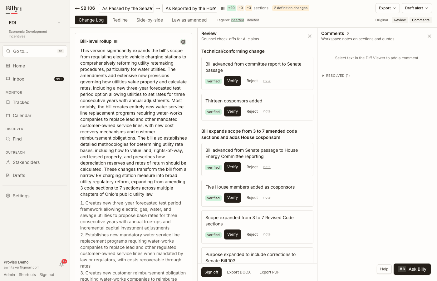 Diff viewer comments panel with anchored notes