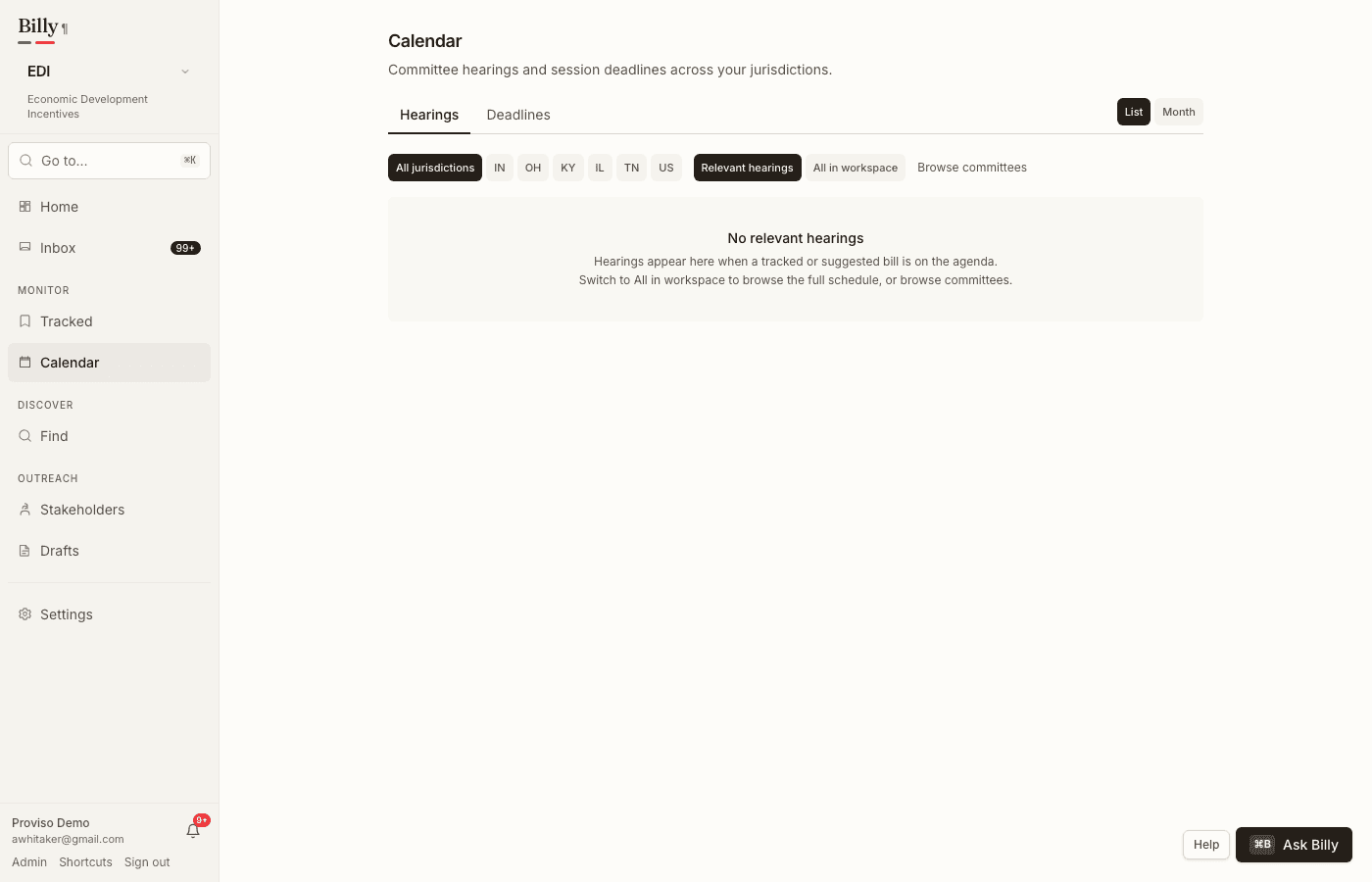 Calendar Hearings tab with jurisdiction filters and committee agenda rows