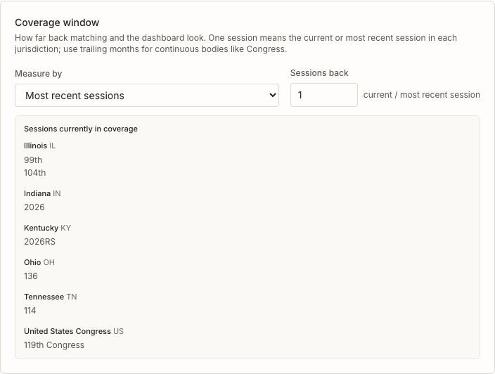 Settings coverage window with lookback controls and resolved sessions