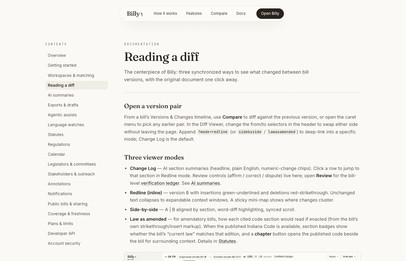 Reading a diff documentation section