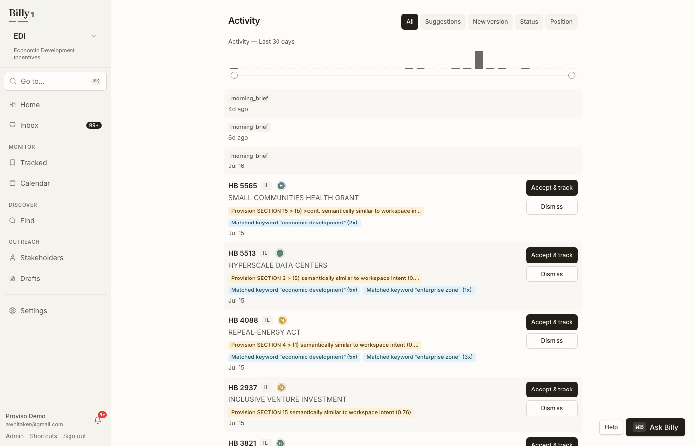 Workspace activity feed with size meters on new-version rows