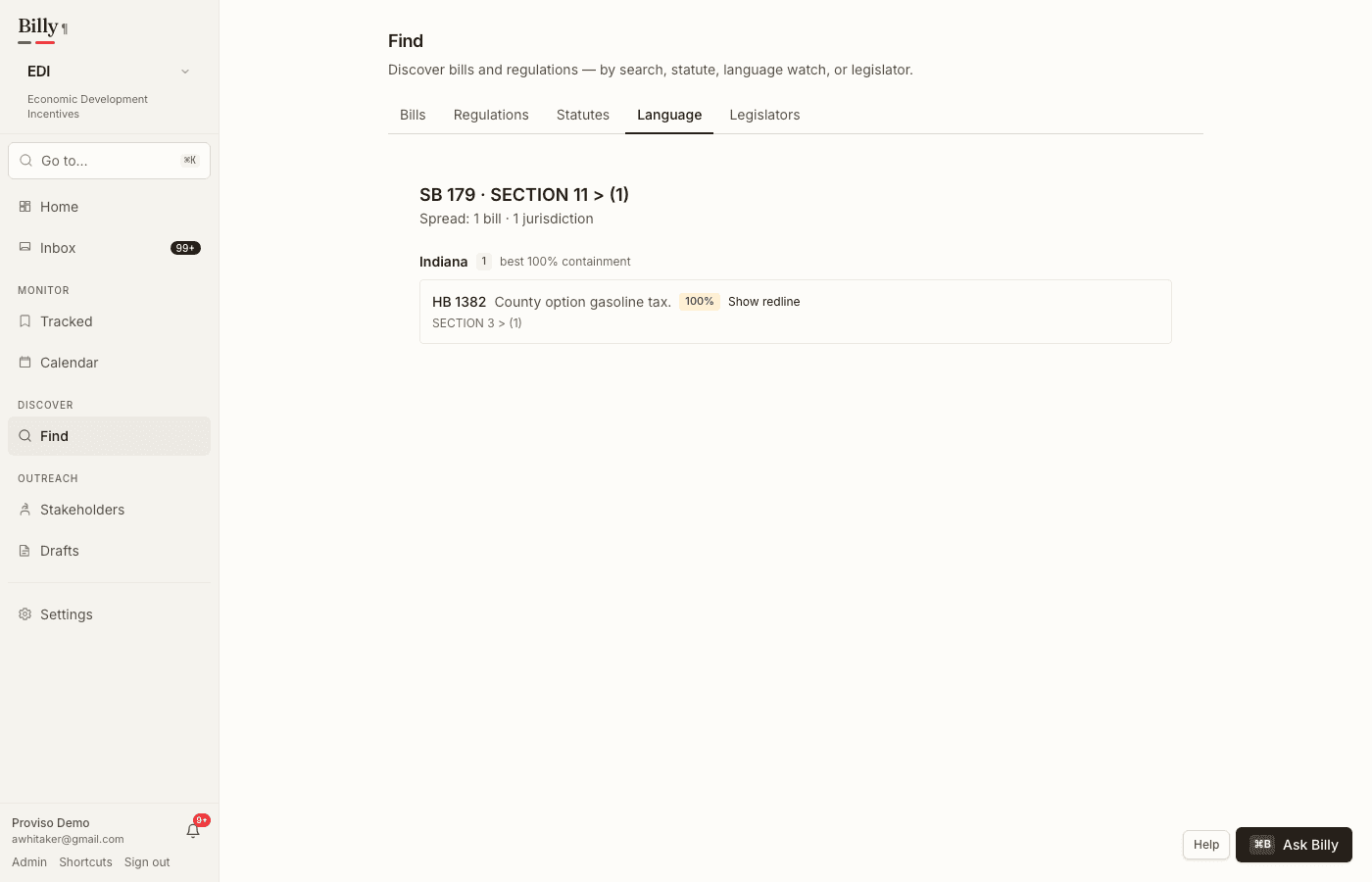 Language watch Spread view with containment by jurisdiction