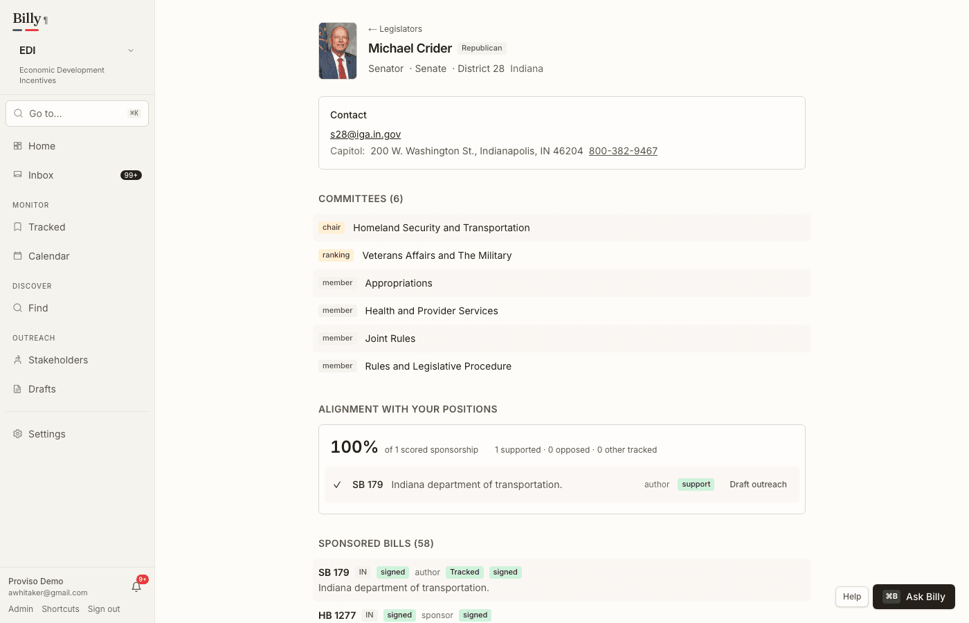 Legislator page with photo, contact card, committee roles, and sponsored bills