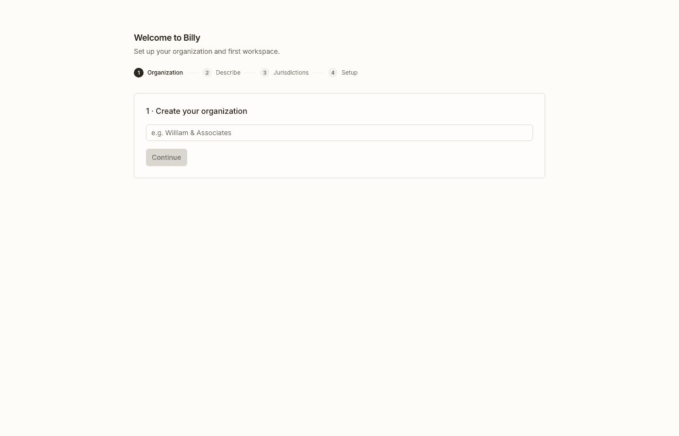 Onboarding wizard organization step