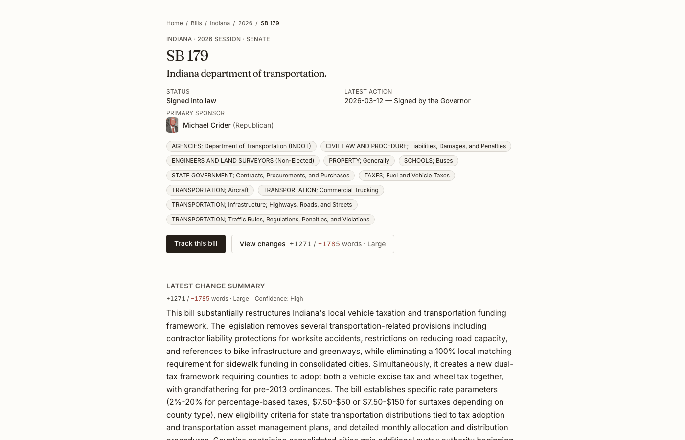 Public SB 179 page with status, Track this bill CTA, and latest change summary
