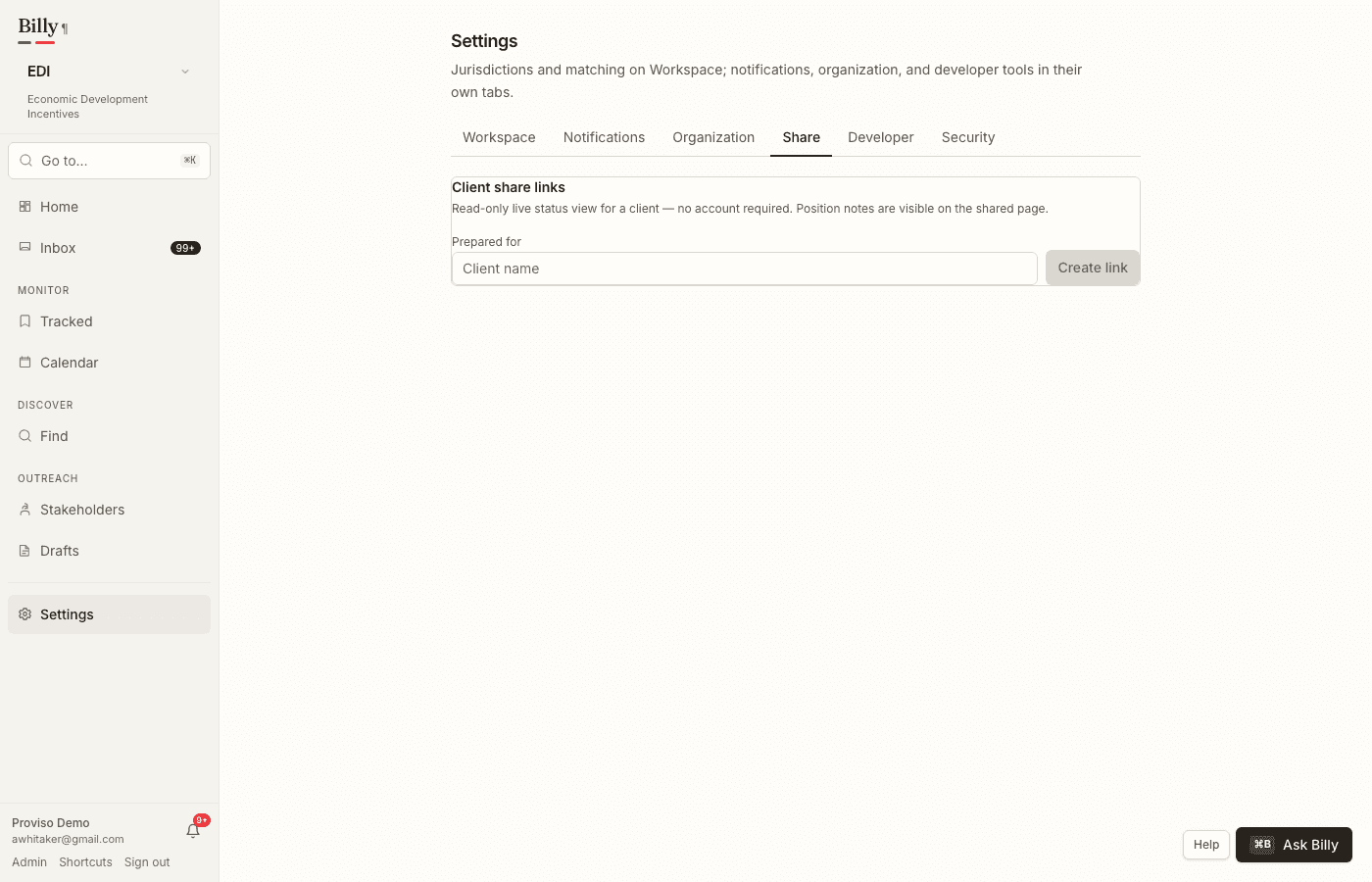 Settings Share tab with Client share links create form