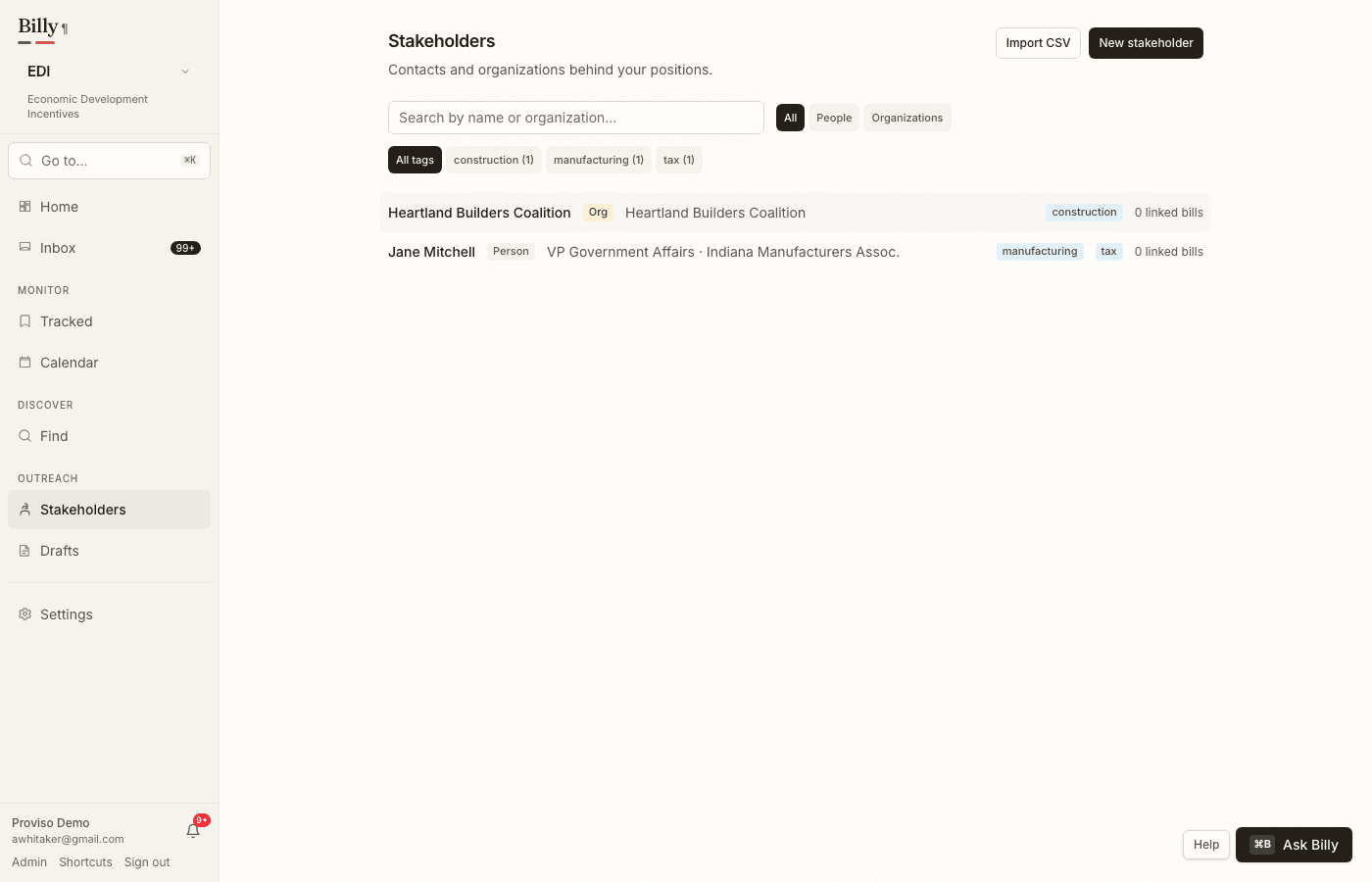 Stakeholders list with Import CSV, person and org contacts, and tags