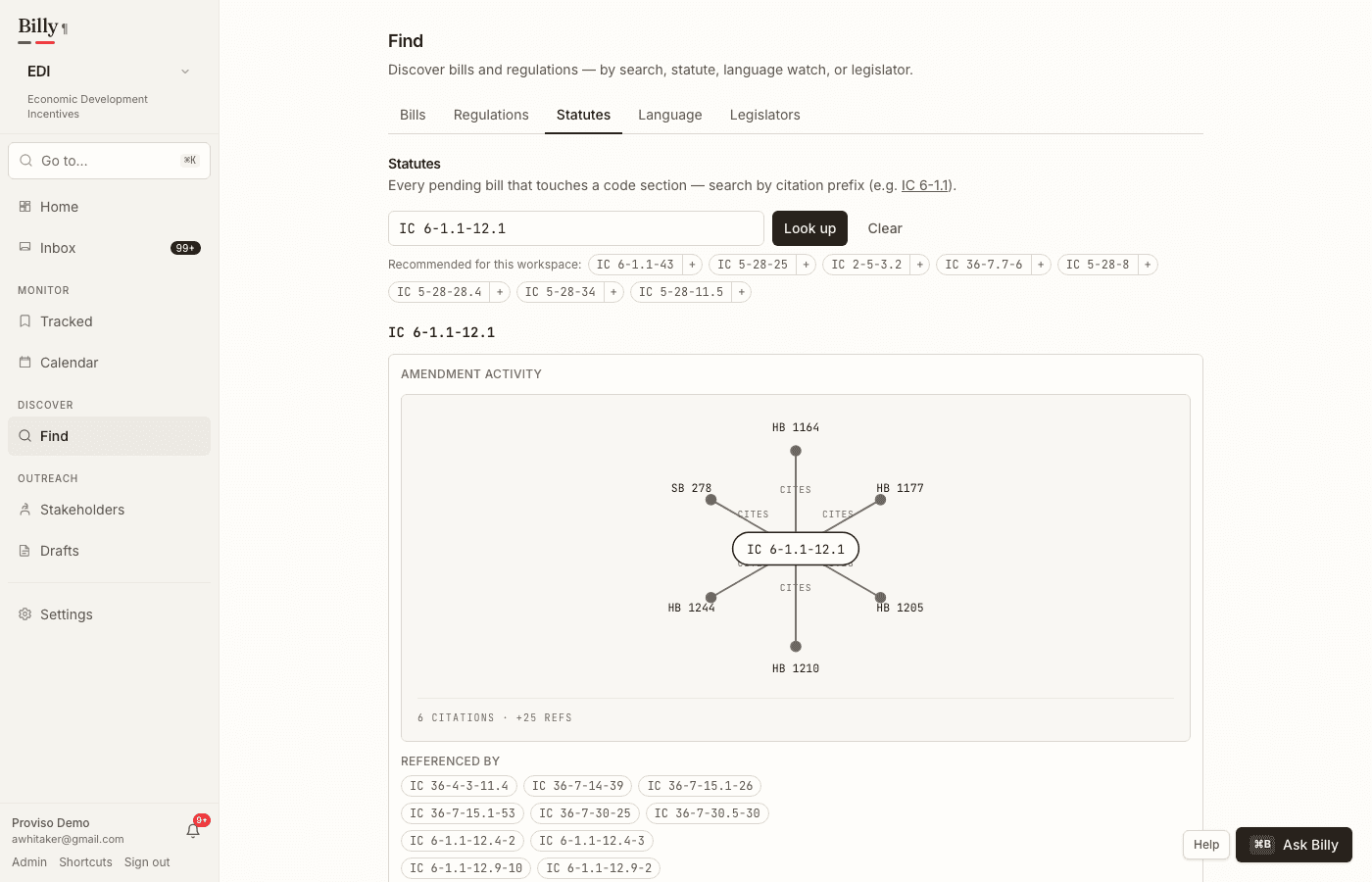 Statute dashboard with citation search and recommended chapters