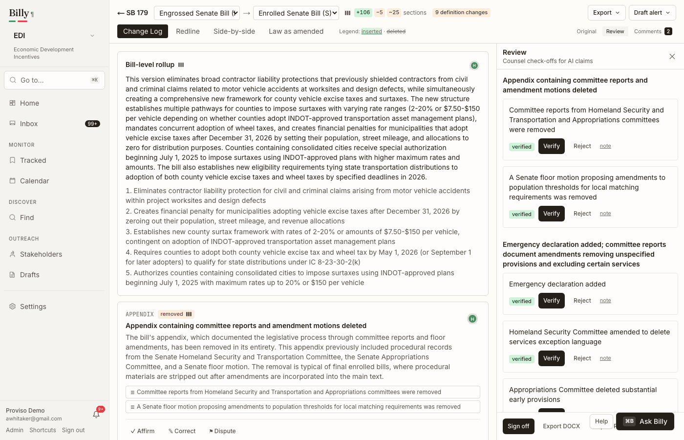 Verification ledger with claim check-offs, Sign off, and Export DOCX